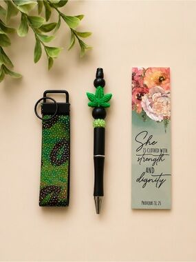 Black Pen with Green Leaf Charm and Green Fabric Key Fob